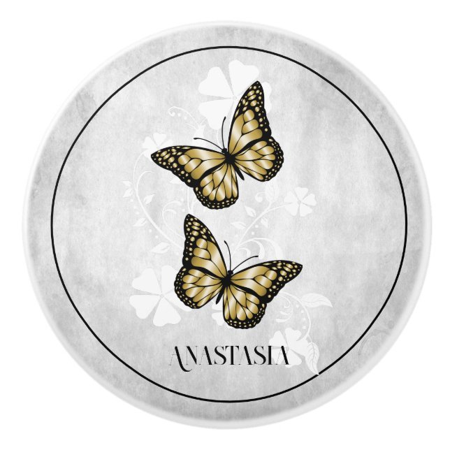 Gold Butterfly Floral Personalized Ceramic Knob (Front)