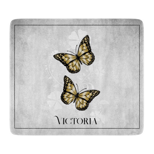 Gold Butterfly Floral Personalized Cutting Board (Front)