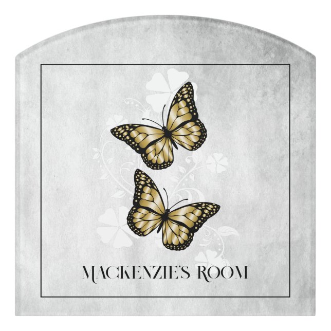 Gold Butterfly Floral Personalized Door Sign (Contour Front)