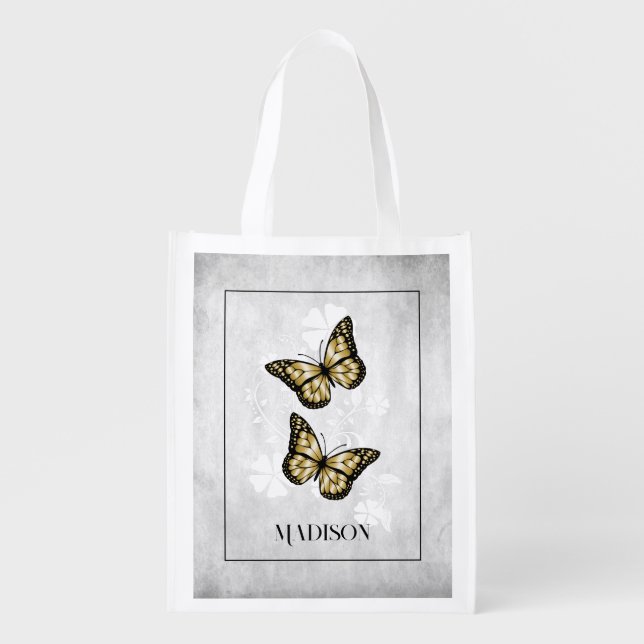 Gold Butterfly Floral Personalized Grocery Bag (Front)