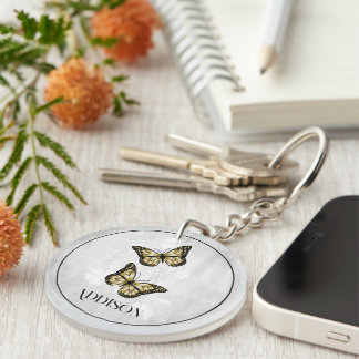 Gold Butterfly Floral Personalized Keychain