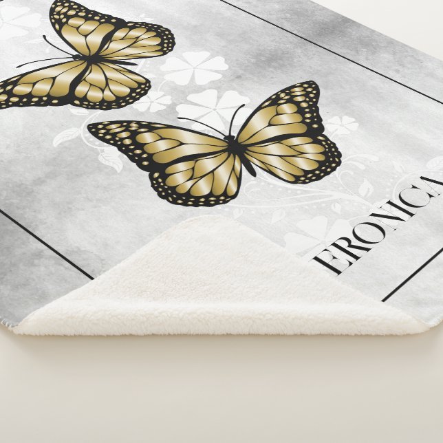 Gold Butterfly Floral Personalized Sherpa Blanket (3/4)