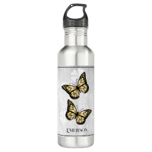 Gold Butterfly Floral Personalized Stainless Steel Water Bottle