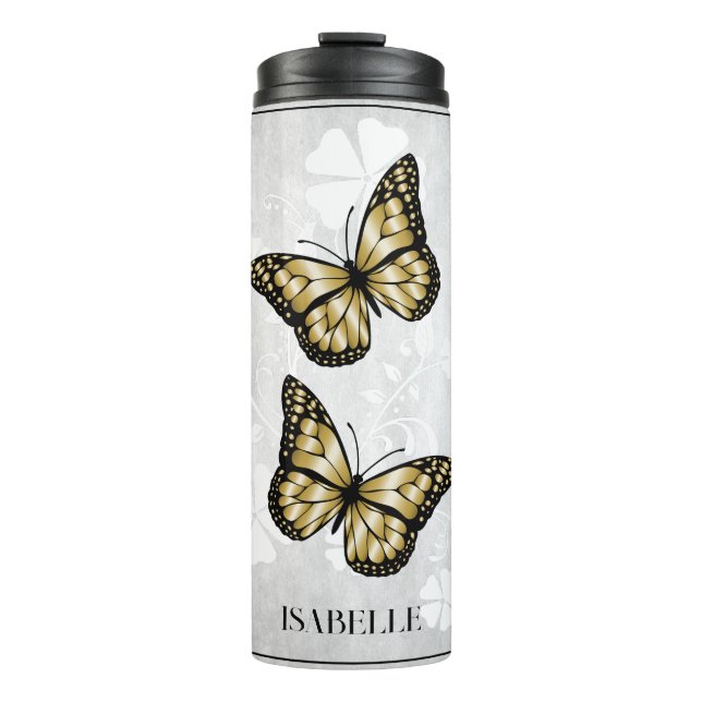 Gold Butterfly Floral Personalized Thermal Tumbler (Front)