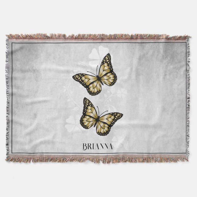 Gold Butterfly Floral Personalized Throw Blanket (Front)