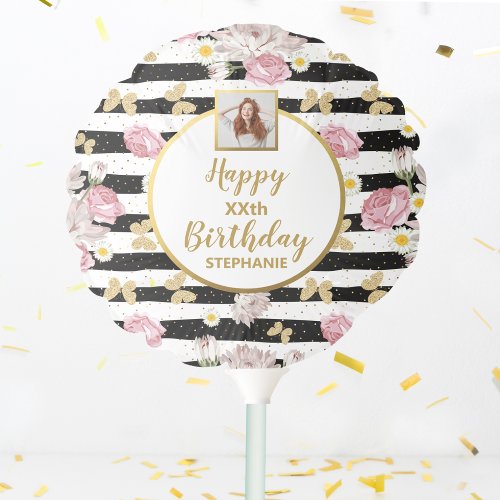 Gold Butterfly Floral Print Happy Birthday Photo Balloon