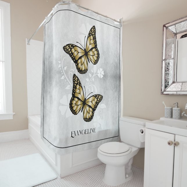 Gold Butterfly Floral Shower Curtain (In Situ)