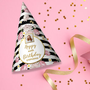 Gold Butterfly Floral Theme Happy Birthday Photo Party Hat