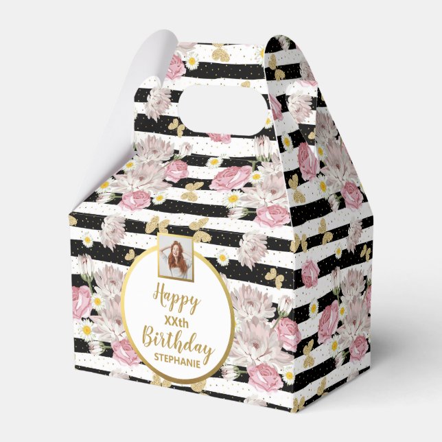 Gold Butterfly, Flowers, Happy Birthday Photo Favor Boxes (Front Side)