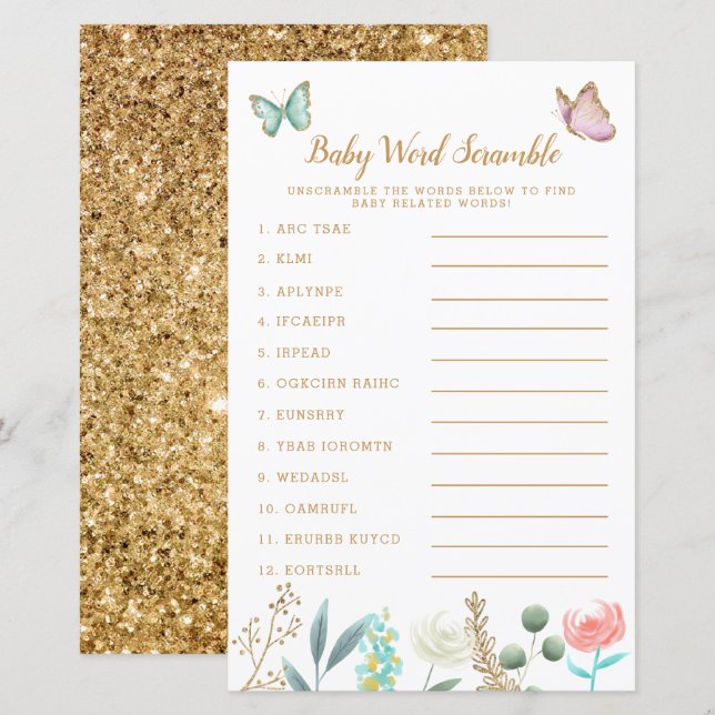 Gold Butterfly Garden Baby Word Scramble Game (Front/Back)