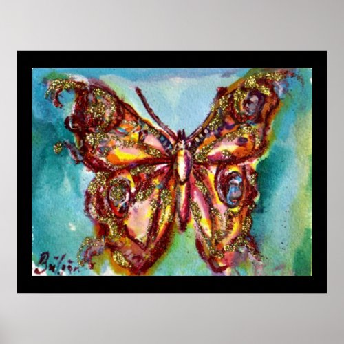 GOLD BUTTERFLY IN BLUE POSTER