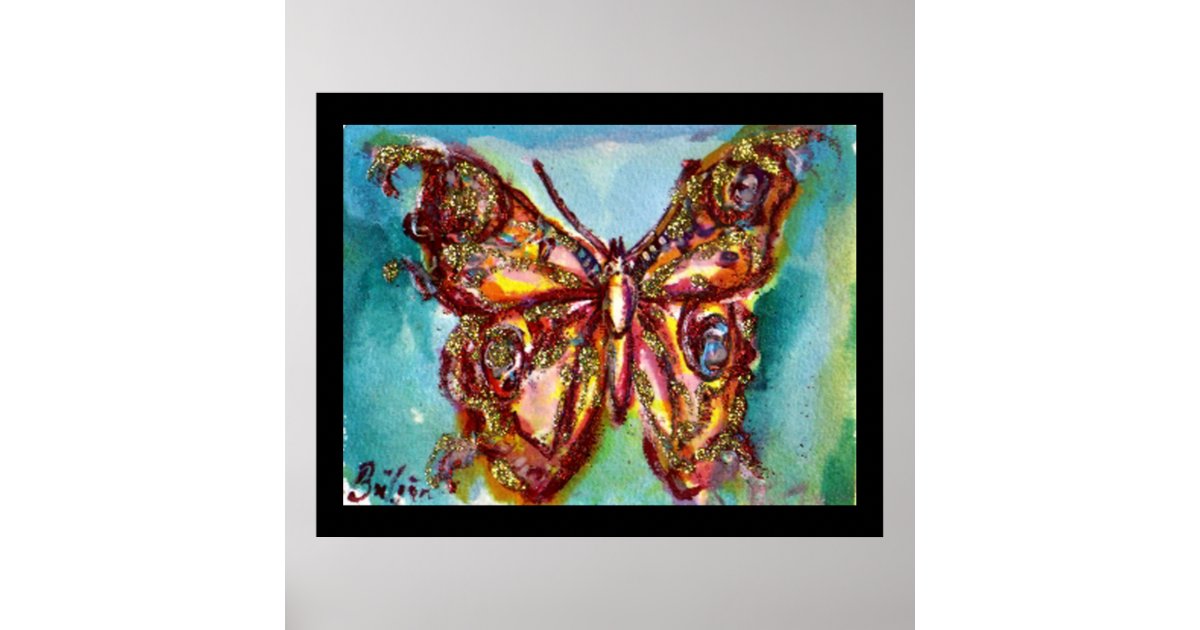 GOLD BUTTERFLY IN BLUE POSTER | Zazzle