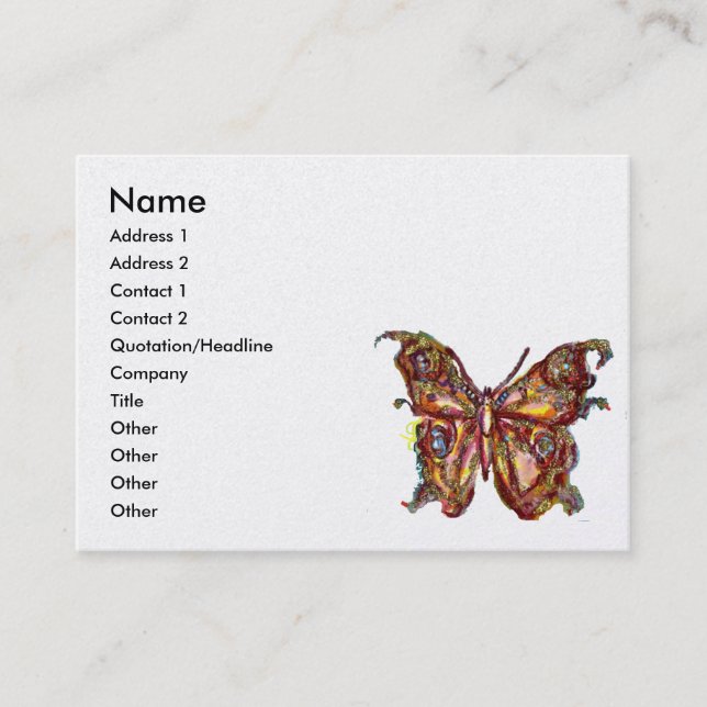 GOLD BUTTERFLY IN BLUE SPARKLES White Pearl Paper Business Card (Front)