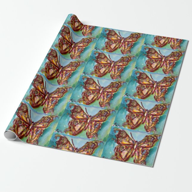 GOLD BUTTERFLY IN BLUE Watercolor Wrapping Paper (Unrolled)