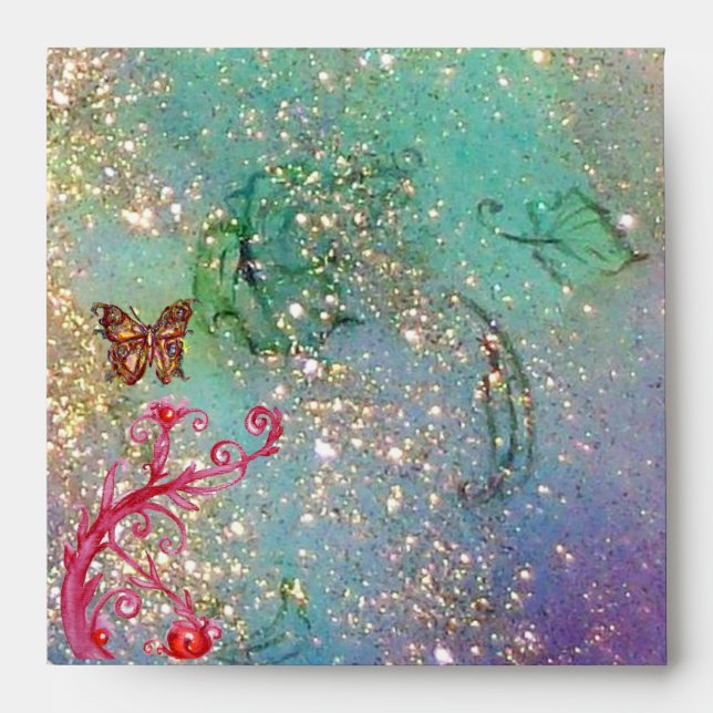GOLD BUTTERFLY IN TEAL AQUA BLUE SPARKLES SWIRLS ENVELOPE (Front)