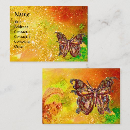 Customizable GOLD BUTTERFLY IN YELLOW GREEN RED BROWN SPARKLES BUSINESS CARD TEMPLATE