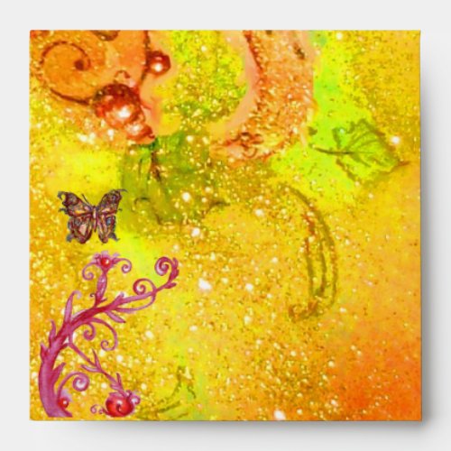 GOLD BUTTERFLY IN YELLOW SPARKLES AND SWIRLS ENVELOPE