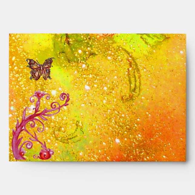 GOLD BUTTERFLY IN YELLOW SPARKLES AND SWIRLS ENVELOPE (Front)
