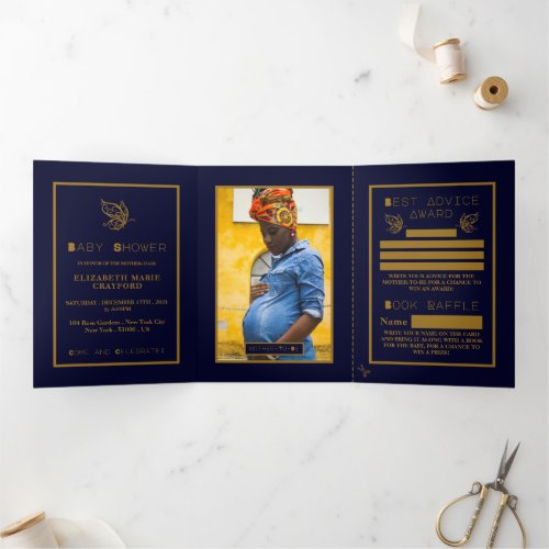 Gold Butterfly Navy Blue Baby Shower Suite Tri_Fold Invitation