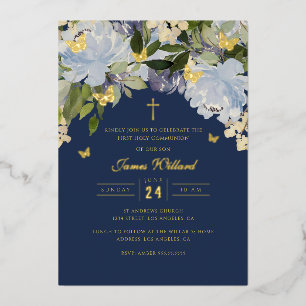 Gold Butterfly Navy Boys First Communion Foil Invitation