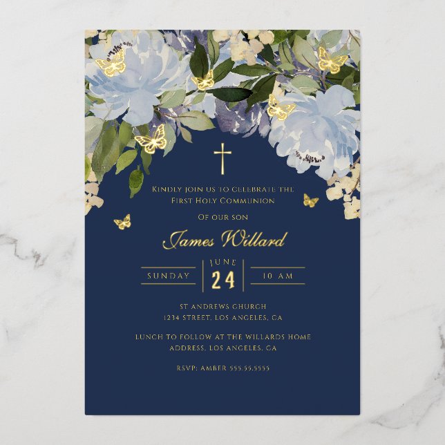 Gold Butterfly Navy Boys First Communion Foil Invitation (Front)