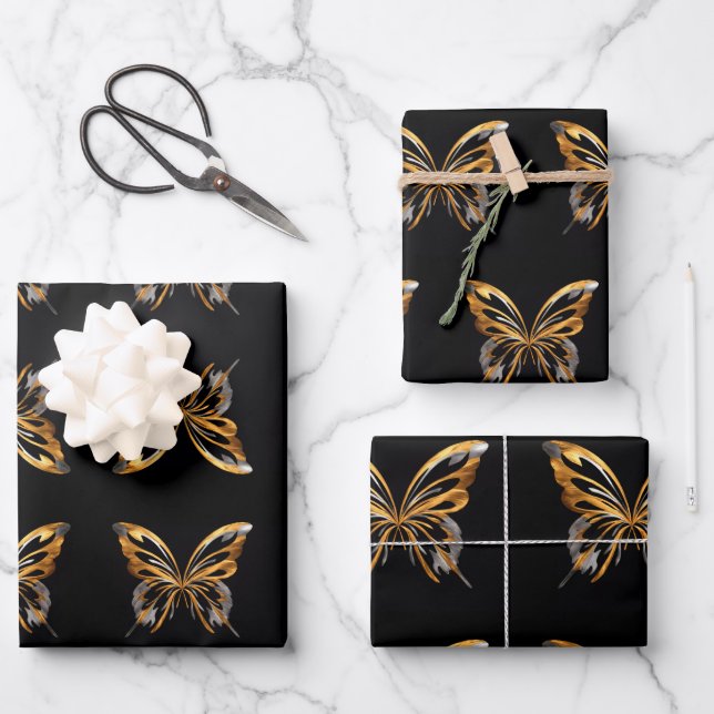 Gold butterfly on black background Wrapping Paper  (Front)