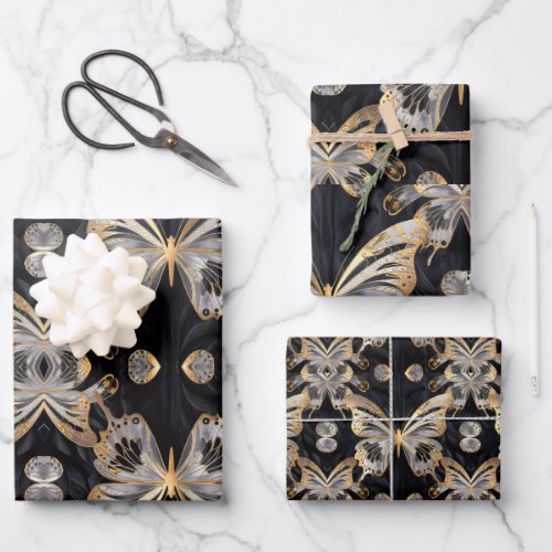 Gold butterfly on black background wrapping paper sheets