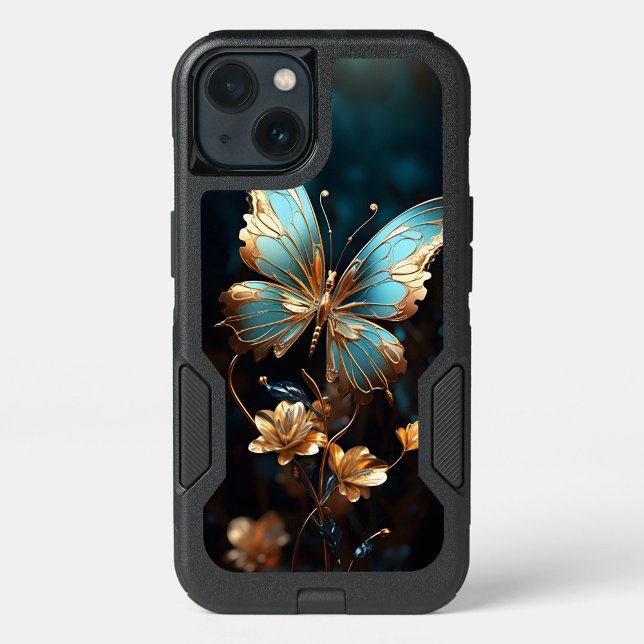 Gold Butterfly Otterbox Case (A graceful butterfly flutters above a cluster of shimmering flowers.)