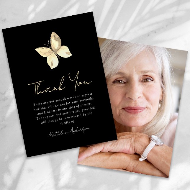 Gold Butterfly Photo Sympathy Funeral  Thank You Card (Creator Uploaded)