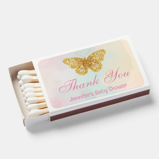 gold butterfly pink baby shower thank you trendy  matchboxes (Front Open)