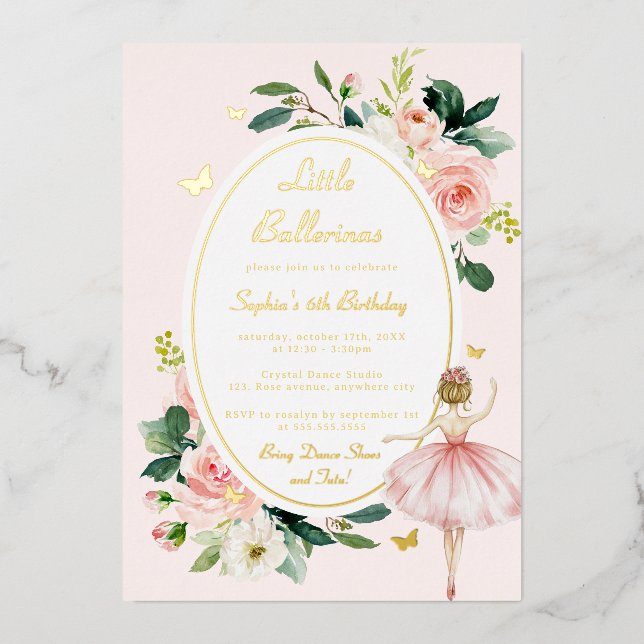 Gold Butterfly Pink Floral Ballerina Kids Birthday Foil Invitation (Front)