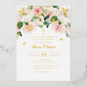 Gold Butterfly Pink Girls First Communion Foil Invitation