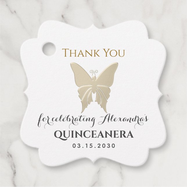 Gold Butterfly Quinceañera Favor Tags (Front)