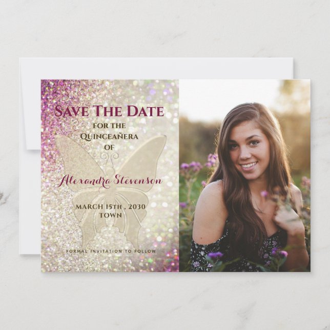 Gold Butterfly Quinceañera Save The Date (Front)
