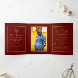 Gold Butterfly, Red & Gold Baby Shower Suite Tri-Fold Invitation