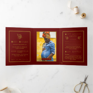 Gold Butterfly, Red & Gold Baby Shower Suite Tri-Fold Invitation