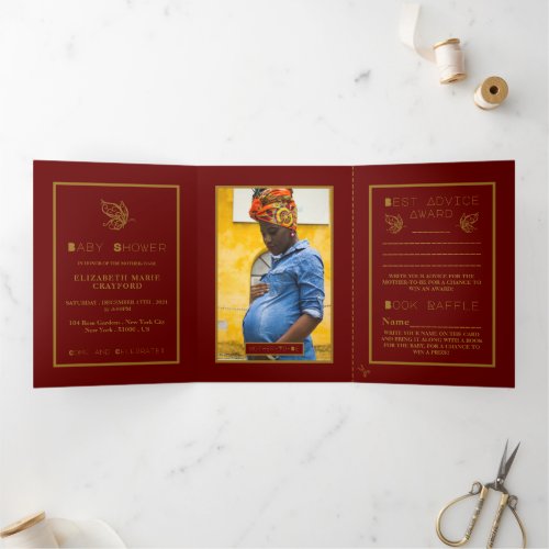 Gold Butterfly Red  Gold Baby Shower Suite Tri_Fold Invitation