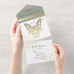 Gold Butterfly Sage Green Wedding  All In One Invitation