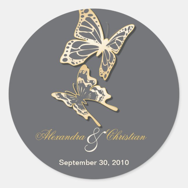 Gold Butterfly Save The Date Wedding Announcement Classic Round Sticker (Front)