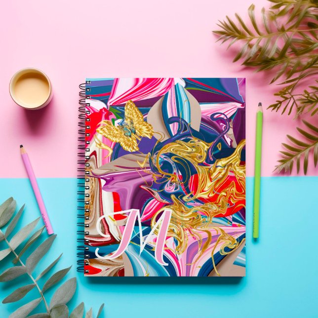 Gold Butterfly Swirl Pink Monogram Liquid Abstract Notebook (Creator Uploaded)