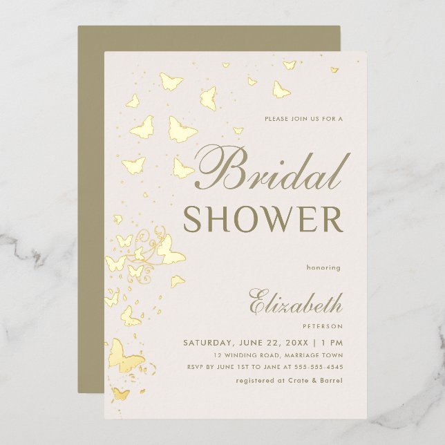 Gold Butterfly Swirls Elegant Boho Bridal Shower Foil Invitation (Front/Back)