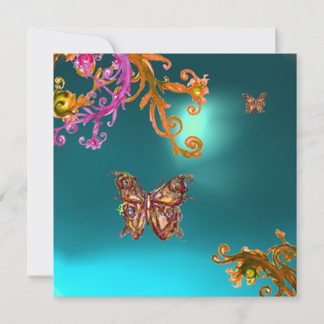 GOLD BUTTERFLY TEAL AQUA  BLUE AQUAMARINE GEMSTONE INVITATION (Front)