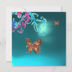 GOLD BUTTERFLY TEAL AQUA BLUE GEMSTONE INVITATION