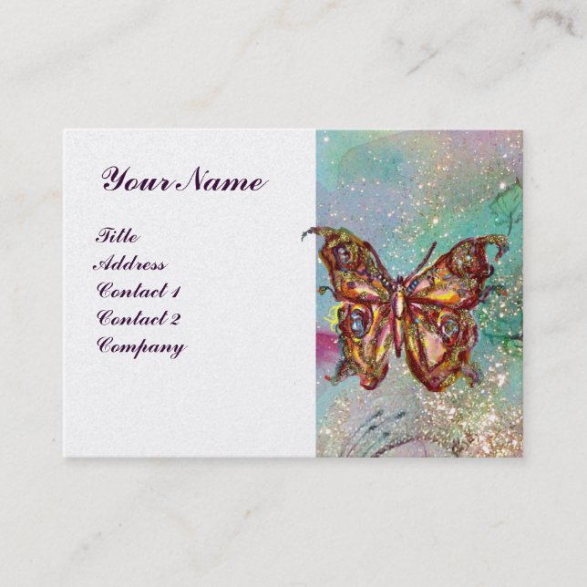GOLD BUTTERFLY,TEAL AQUA BLUE SPARKLES White Pearl Business Card (Front)