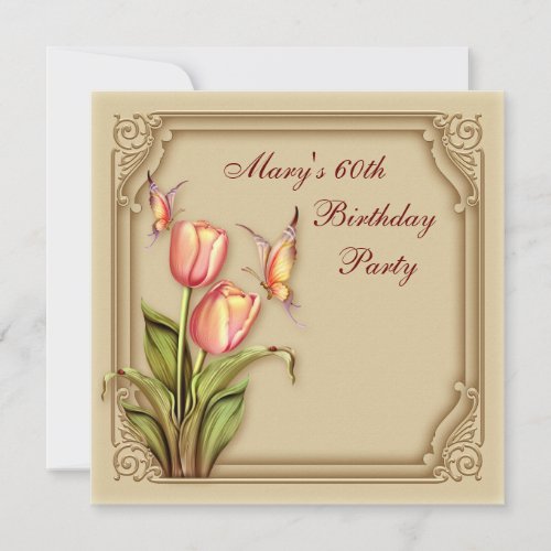 Gold Butterfly Tulips Elegant 60th Birthday Party Invitation