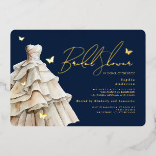 Gold Butterfly Wedding Dress Navy Bridal Shower  Foil Invitation