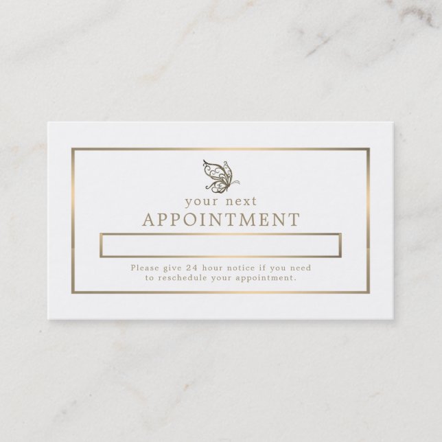 Gold Butterfly, White and Gold Appointment Card (Front)