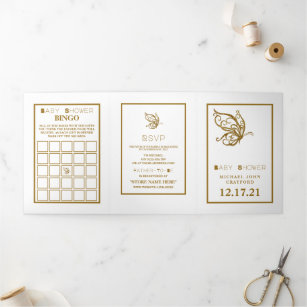 Gold Butterfly, White & Gold Baby Shower Suite Tri-Fold Invitation