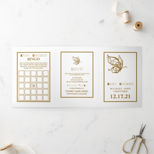 Gold Butterfly White  Gold Baby Shower Suite Tri_Fold Invitation