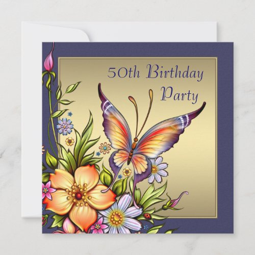 Gold Butterfly Womans 50th Birthday Party Personalized Invite